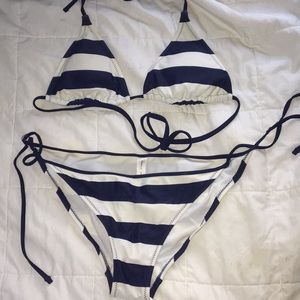 Blue and white striped bikini